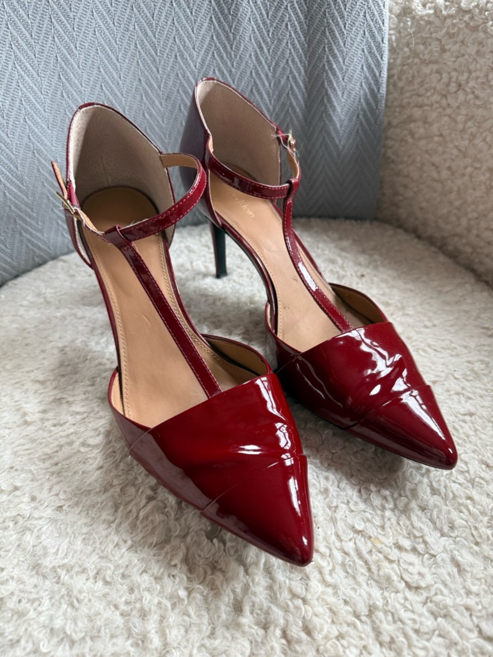 Calvin Klein Patent Pointed T-Strap Heels